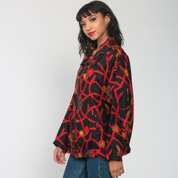 EVR Vintage 100% Silk Gold Accessories Gold Belts Print Red Zip Up Bomber Jacket - Picture 8 of 12